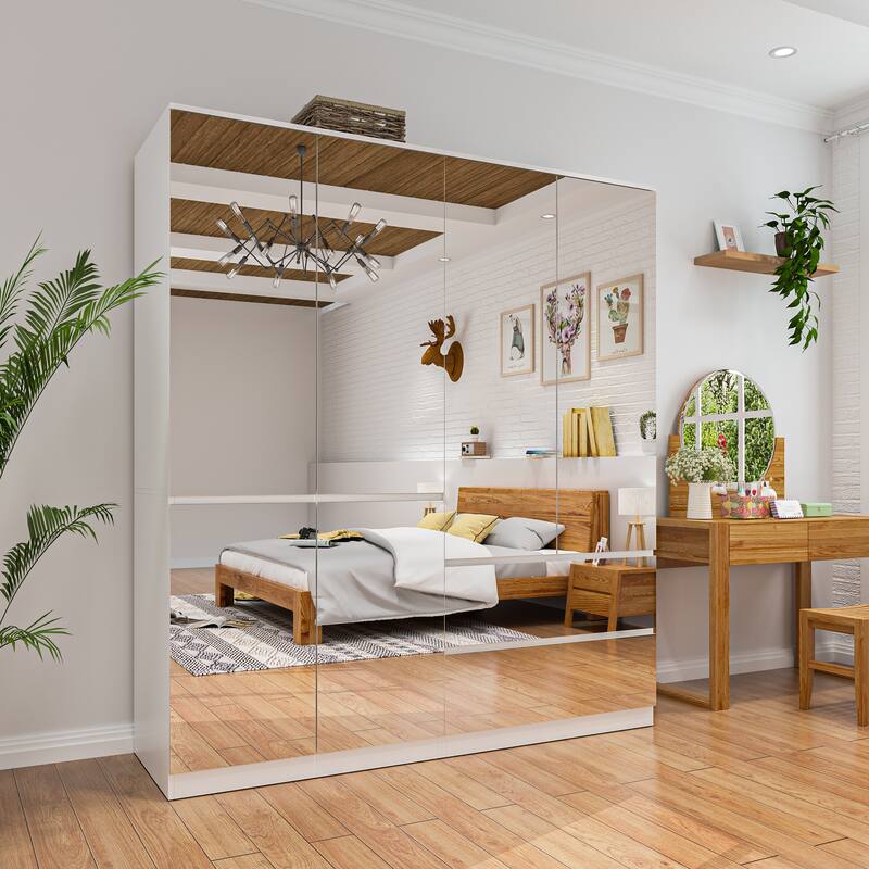 Modular Wardrobe (White with All Mirror) Closet Cabinet Armoires - 63Inch