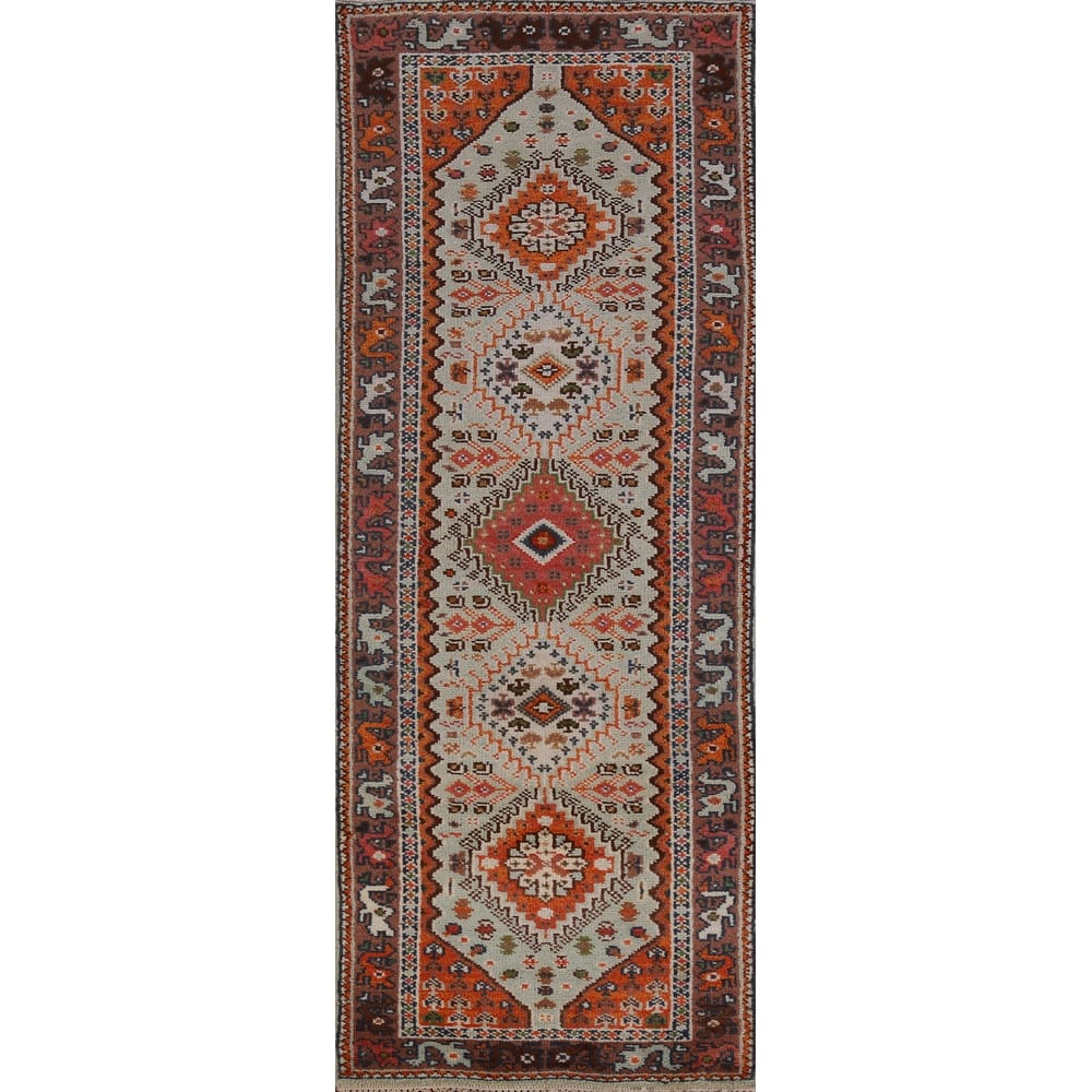 Hand Knotted Oriental 100% Wool Carpet Traditional Geometric Green Heriz (serapi) Runner Rug - 8' 2'' X 2' 6''