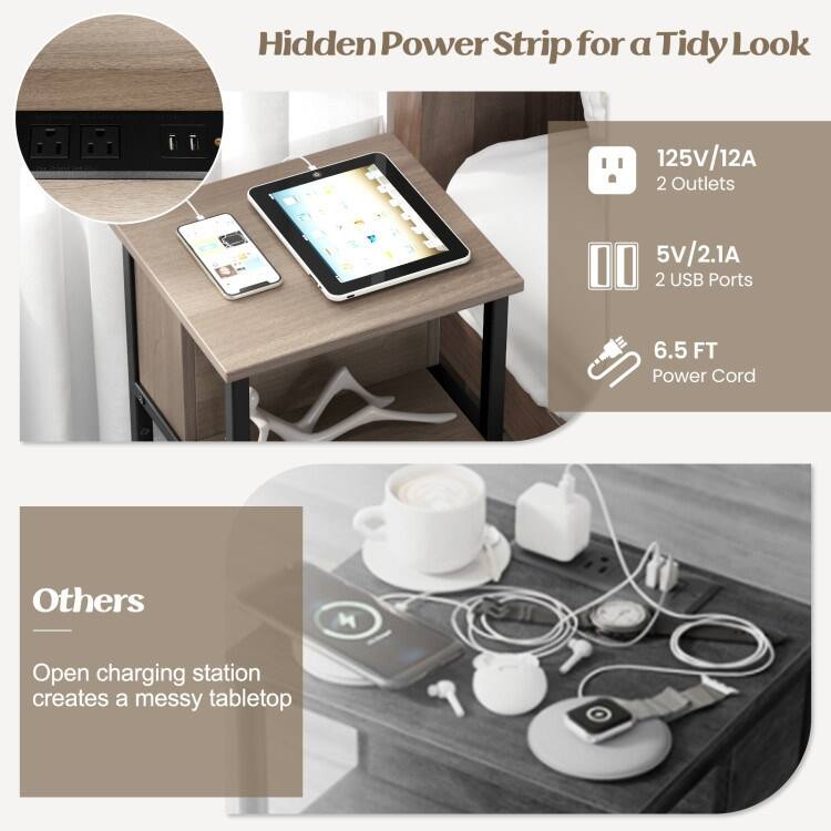 3-Tier End Table with USB Ports and Power Outlets