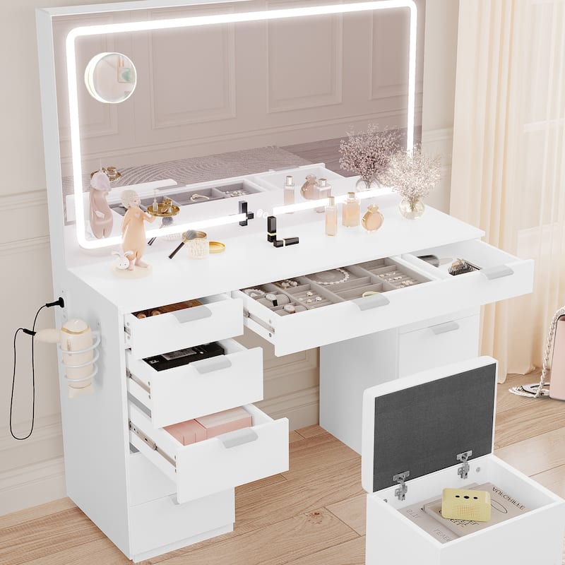 Moasis White 10-Drawer Cosmetic Vanity Desk Set with Glass Tabletop Makeup Vanity with LED Strip