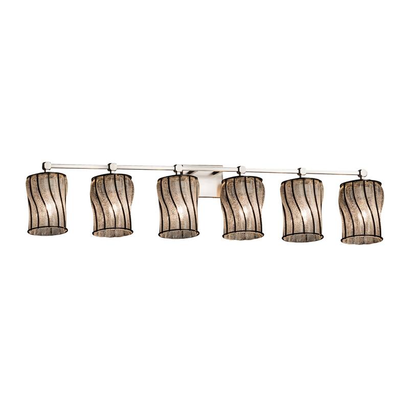 Justice Design Wire Glass Tetra 6-light Brushed Nickel Bath Bar, Swirl with Clear Bubbles Cylinder - Flat Rim Shade - Silver