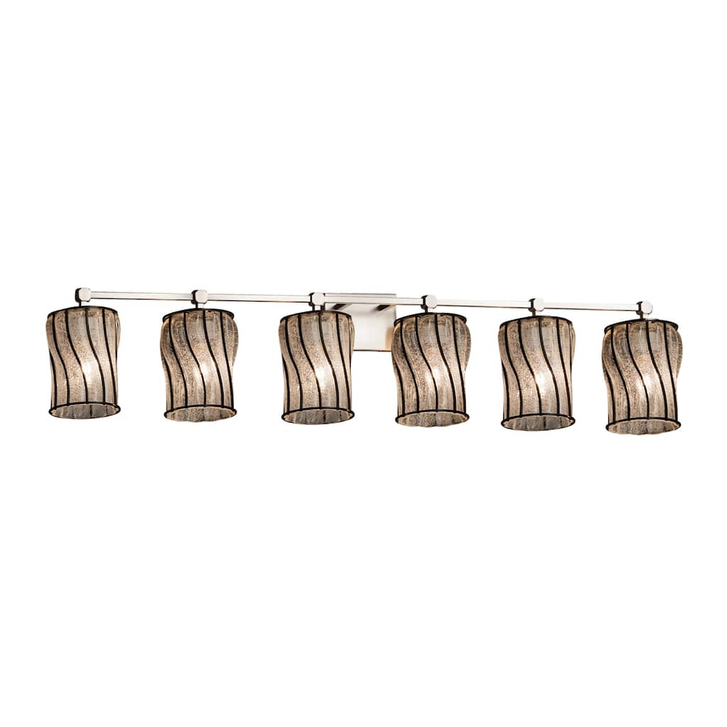 Justice Design Wire Glass Tetra 6-light Brushed Nickel Bath Bar, Swirl with Clear Bubbles Cylinder - Flat Rim Shade - Silver