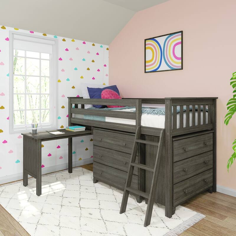 Max and Lily Twin-Size Low Loft with Pull-Out Desk and 3-Drawer Dressers - Clay