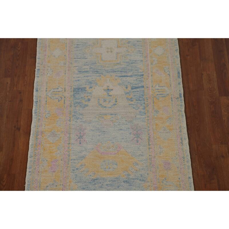 Blue Oushak Turkish Runner Rug Handmade Vegetable Dye Wool Carpet - 3'0"x 14'1"