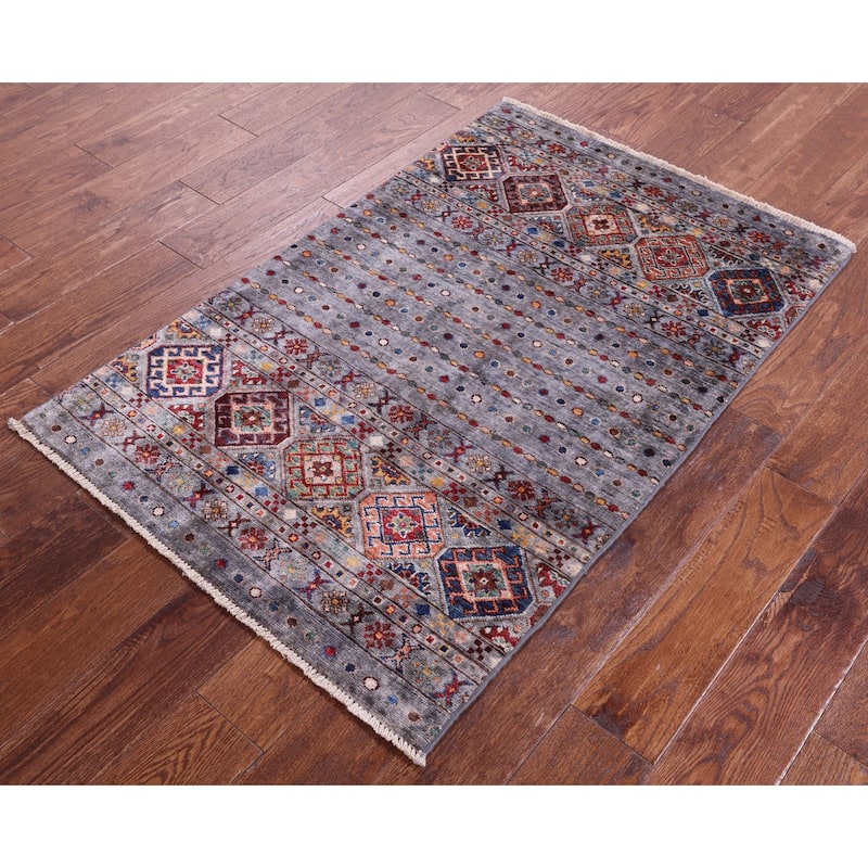 Golden Nile Grey Khorjin Persian Gabbeh Hand Knotted Wool Rug - 2' 9" X 4' 4"
