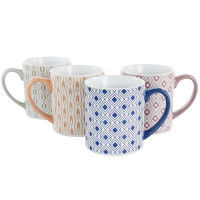 Mr. Coffee Bliss 4 Piece 20 Ounce Can Shaped Stoneware Mug Set in Assorted Colors and Patterns