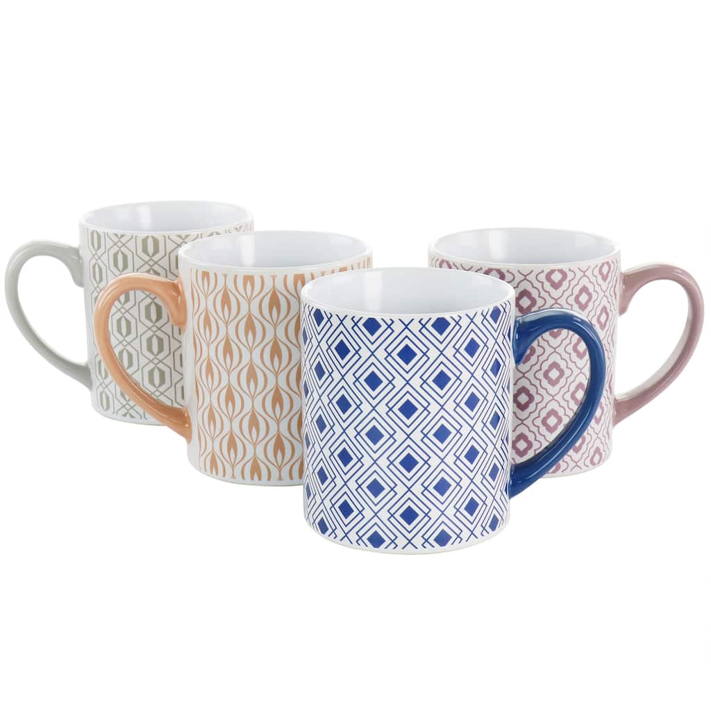 Mr. Coffee Bliss 4 Piece 20 Ounce Can Shaped Stoneware Mug Set in Assorted Colors and Patterns