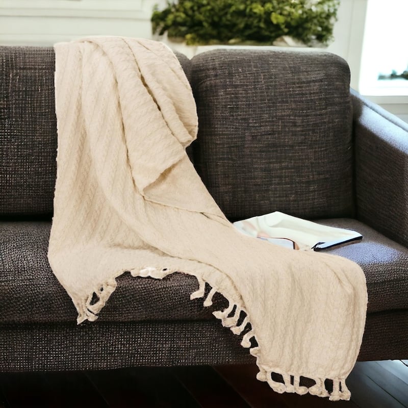 HomeRoots Ivory Knitted 100% Cotton Throw Blanket - Throw - Ivory
