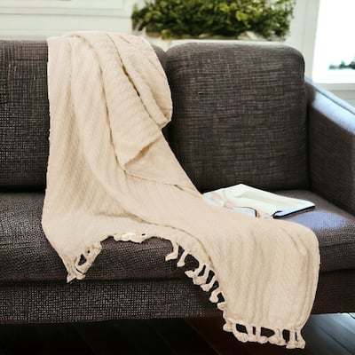 HomeRoots Ivory Knitted 100% Cotton Throw Blanket