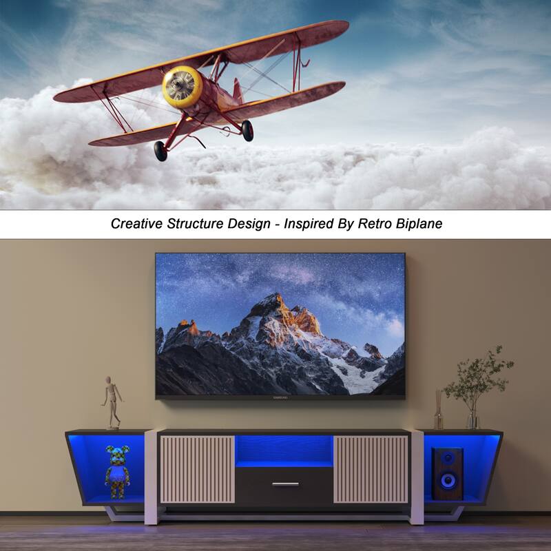 TV Console with Large Storage Cabinets, LED TV Stand, Remote Control, Changing Lights, Modern Entertainment Center