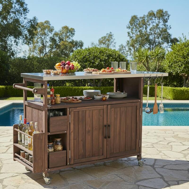 Christopher Knight Home - 54.33" Solid Wood Mobile Outdoor Kitchen Cart with Stainless Steel Top & Spice Rack & Lockable Wheels