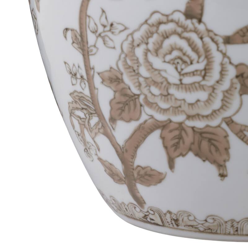Decorative Ceramic Chinoiserie Flower Vase - White & Brown, 10"
