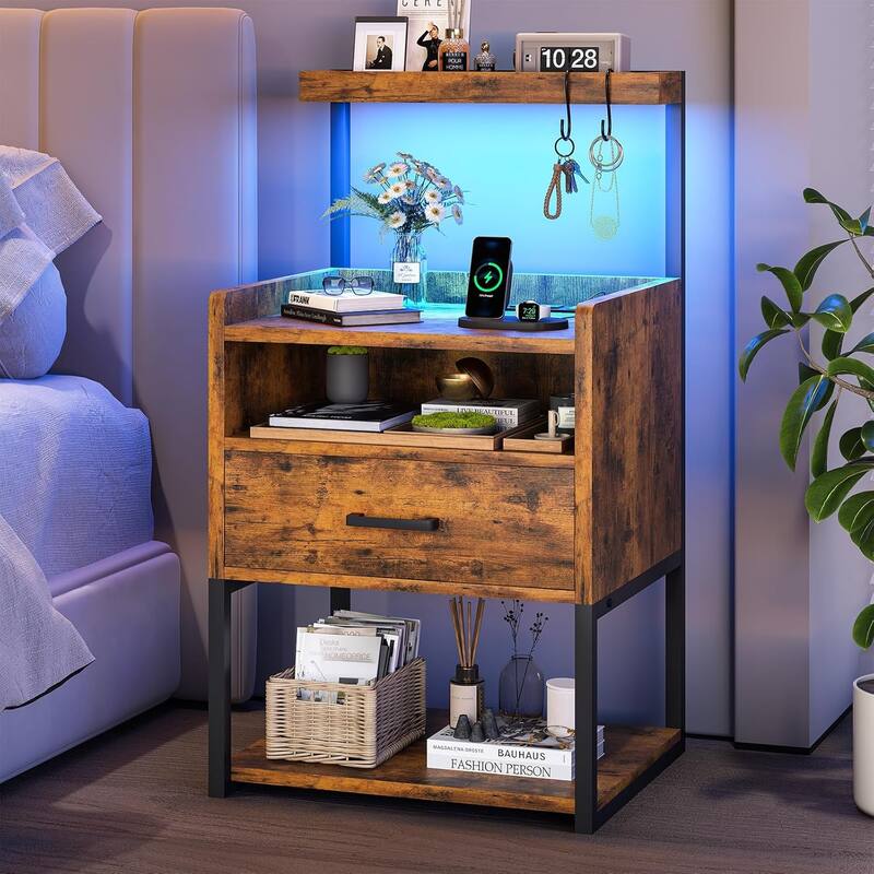 Nightstand with 1 Drawer Shelf USB Ports End Side Table - Brown