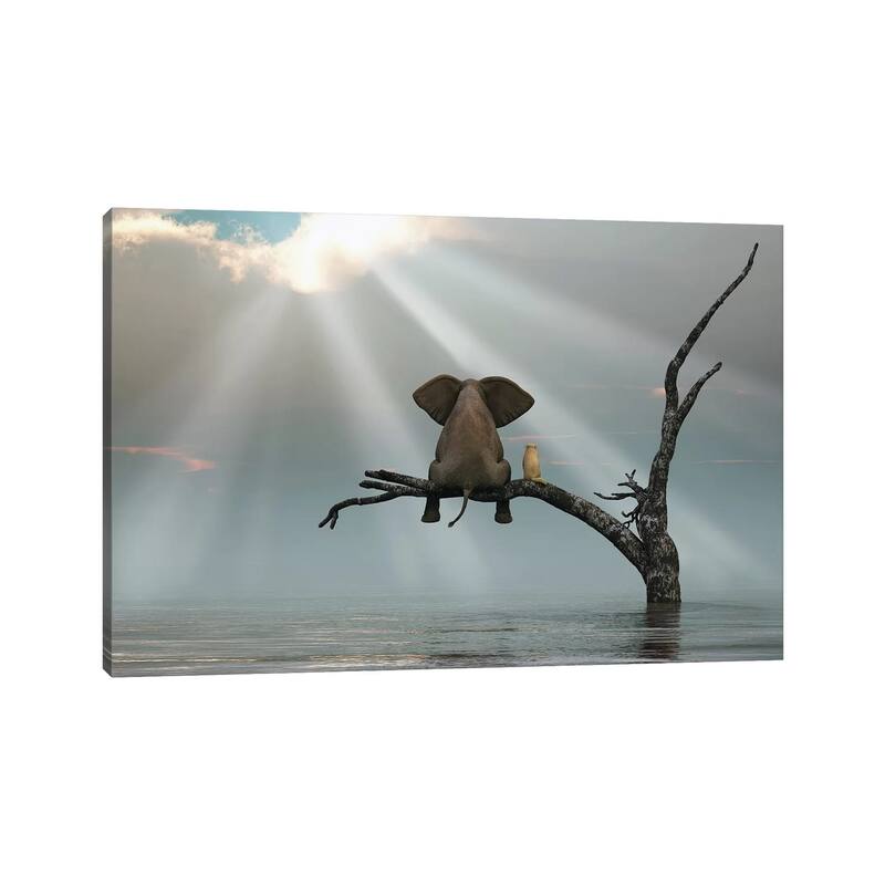 iCanvas "Elephant And Dog Are Sitting On A Tree Fleeing A Flood" by Mike Kiev Canvas Print