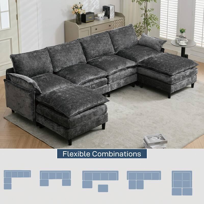 Oversized U Shaped Sectional Couch, Comfy Cloud Modular Sectional Sofa with 2 Ottoman Deep Seat Chenille Modern Cloud Sofa
