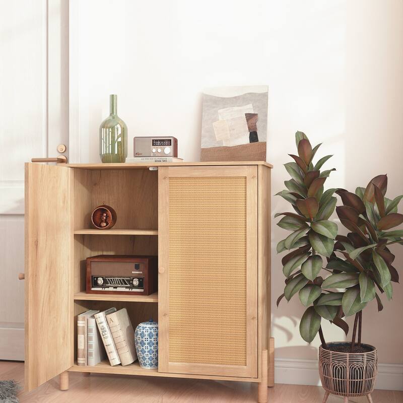 Mid-Century Modern Storage Cabinet with Woven Rattan Doors & Adjustable Shelves