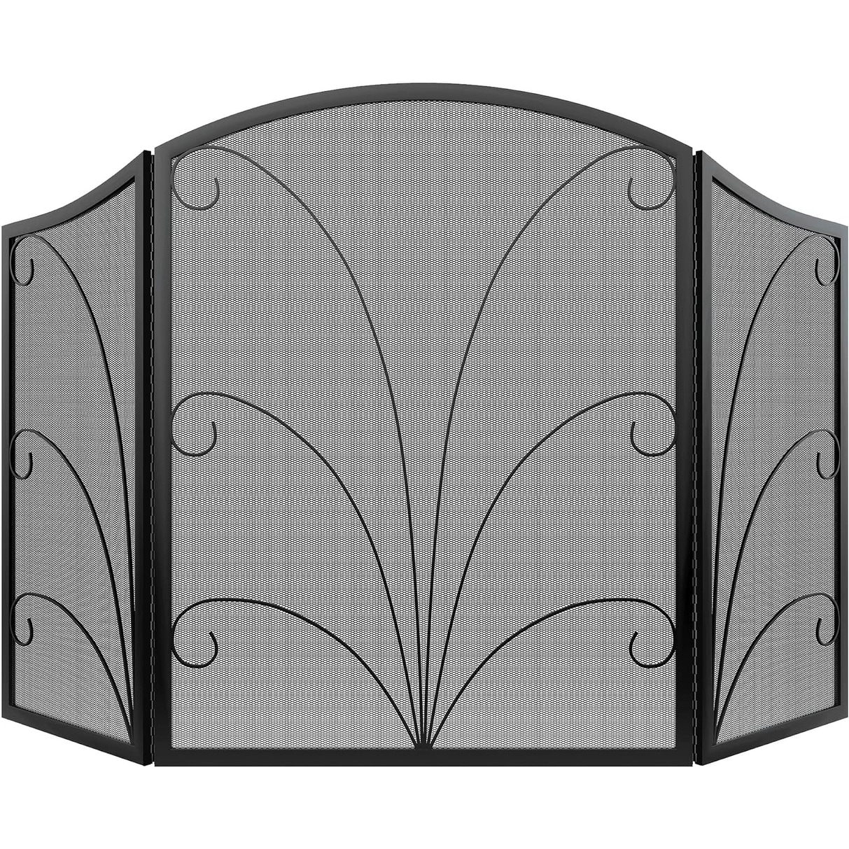 3-Panel Iron Fireplace Safety Screen Decorative Scroll Spark Guard Cover,  Large Fireplace Baby Proof Curtain Cover 