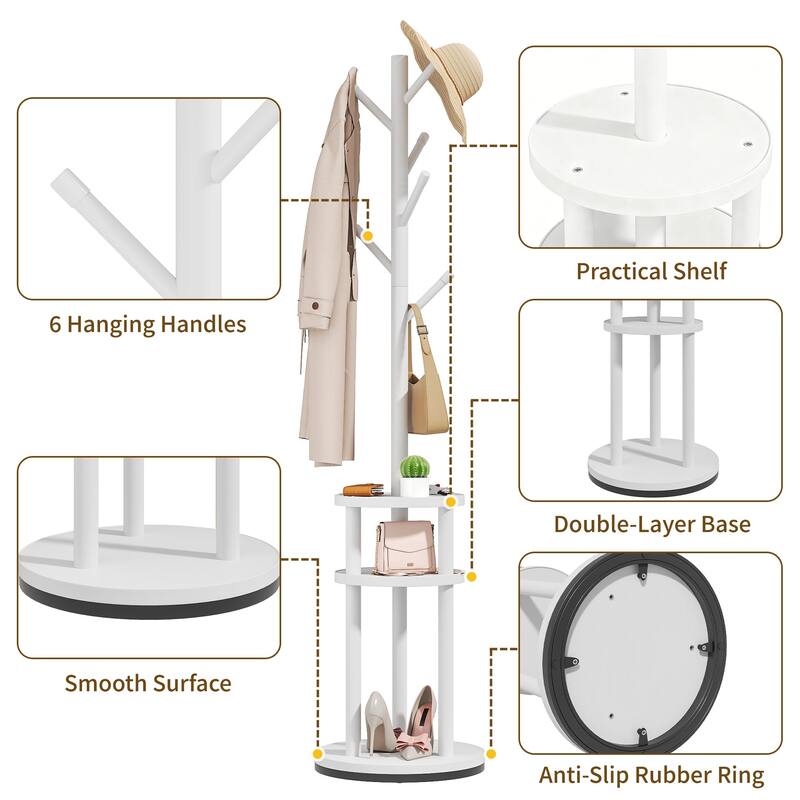 VECELO Modern Freestanding Coat Rack with 6 Branch Hooks Double Shelves, and Shoe Storage for Entryway Living Room Bedroom.
