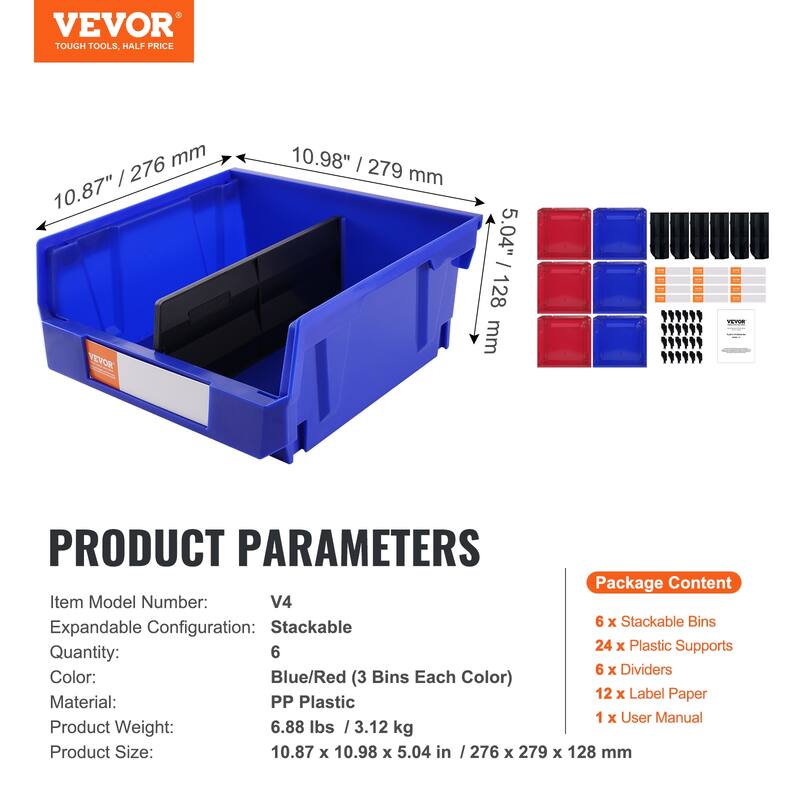 VEVOR Plastic Storage Bin,Hanging Stackable Storage Organizer Bin, Blue/Red,for,Office,or Pantry Organization