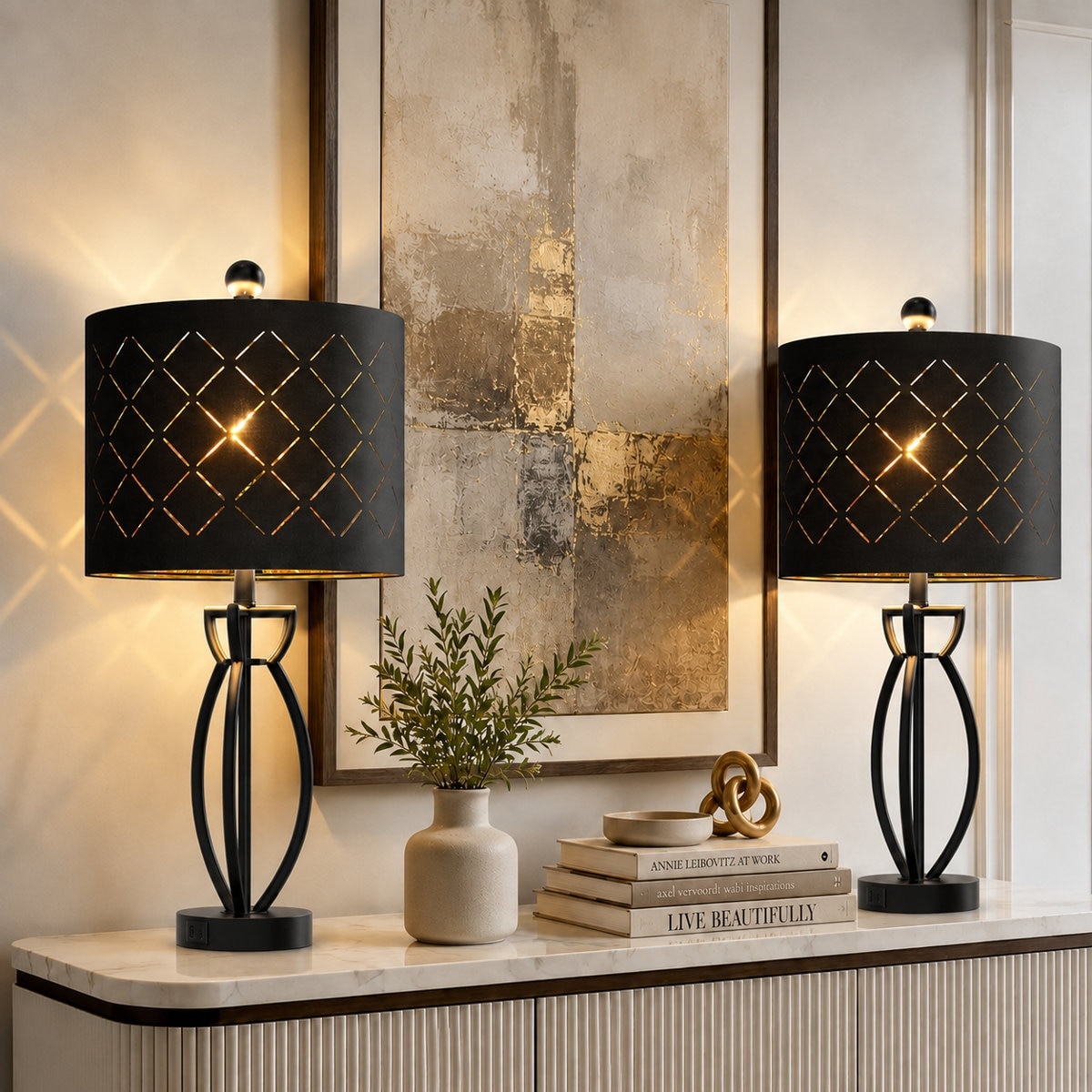 Maxax 25" Modern Glam Table Lamp Set With Night Light USB+Type-C Ports (Set of 2)