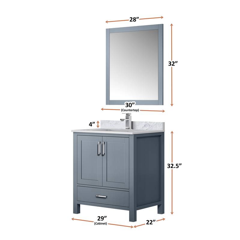 Jacques 30 in White Bath Vanity, Carrara Marble Top, Faucet, & Mirror