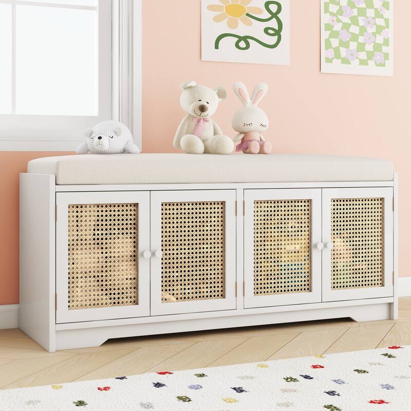 Upholstered Storage Bench with Cabinet Rattan Style Wood Cabinet