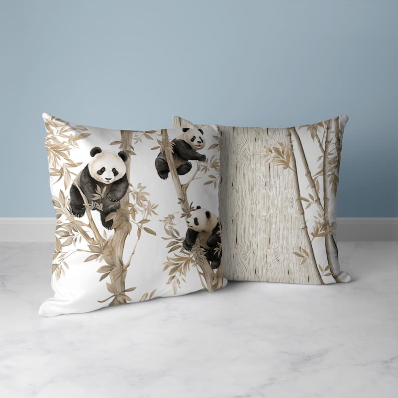 Climbing Panda Faux Suede Reversible Throw Pillow Beige and Black