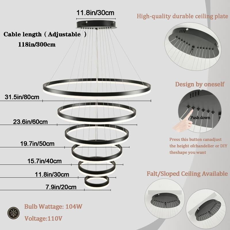 3-Rings Chandelier Modern LED Chandelier Black,Tiered 6 Ring LED Light