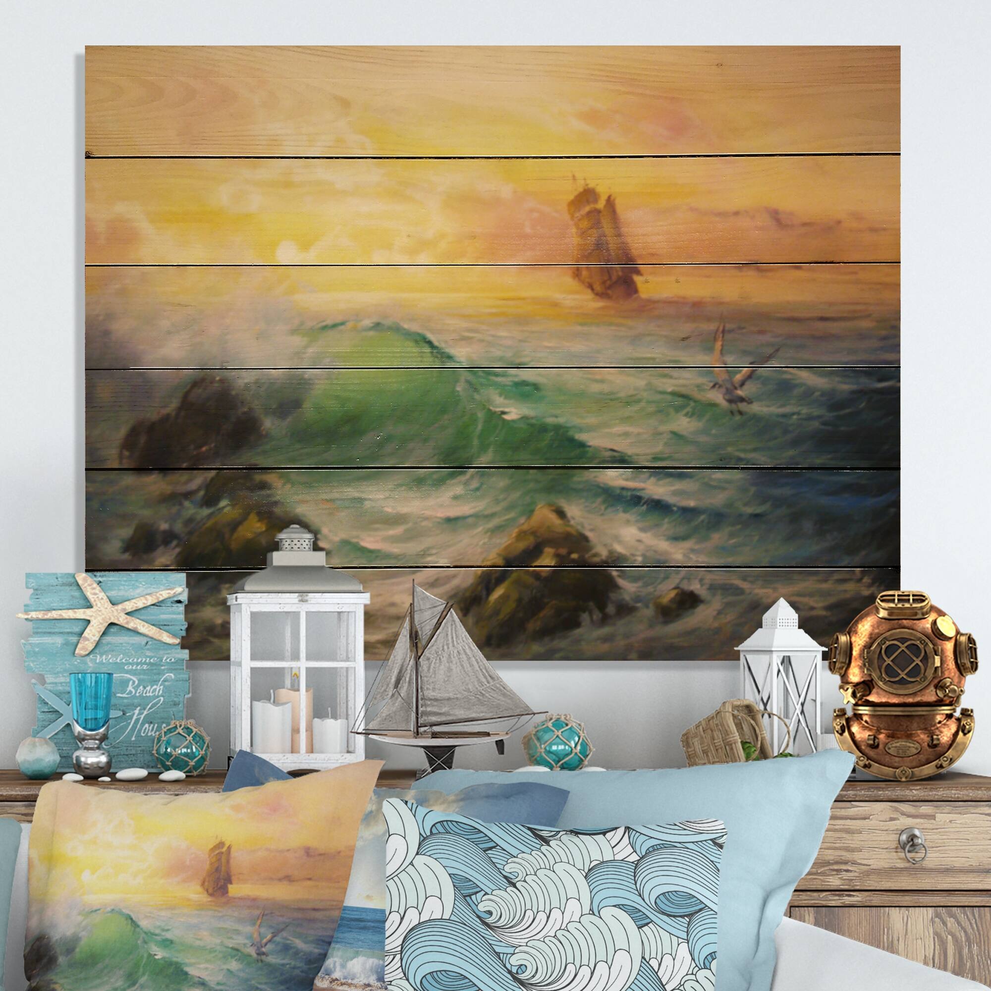 Designart 'Sunset On Colonial Boat' Nautical & Coastal Wood Wall Art
