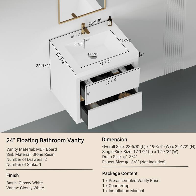 35.5" Glossy White Bathroom Vanity with U-Shape Drain Design, Soft-Close Drawers, and Stone Resin Countertop