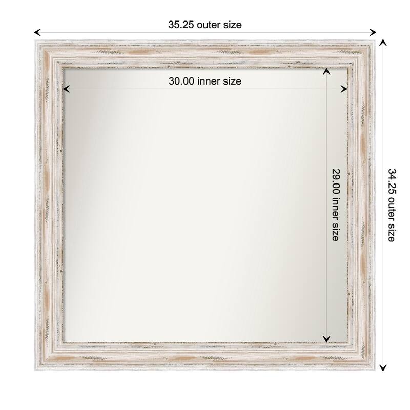 Alexandria White Wash Framed Non-Beveled Custom Wall Mirror, Bathroom Vanity Mirror - Outer Size: 35.25 x 34.25