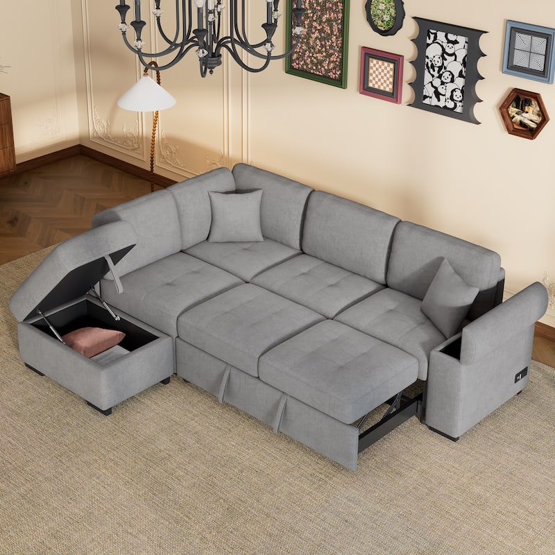 84.75'' L-Shape 5 Seat Sectional Sofa with Pull-Out Bed, Storage Ottoman, Hidden Arm Storage & USB Charging - Gray