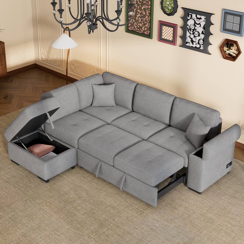 84.75'' L-Shaped 5-Seater Sleeper Sectional Sofa with Storage Ottoman, Hidden Arm Storage, and USB Charging Ports