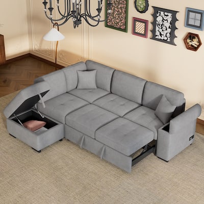 Grey 84.75'' L-Shaped 5-Seat Sleeper Sectional Sofa with Storage Ottoman, Hidden Arm Storage, and USB Charging for Living Room