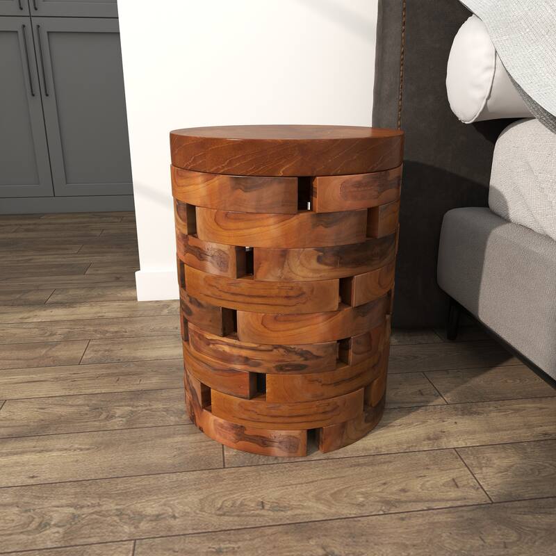 Teak Wood Handmade Live Edge Accent Table with Brick Inspired Design - Light Brown, Brown