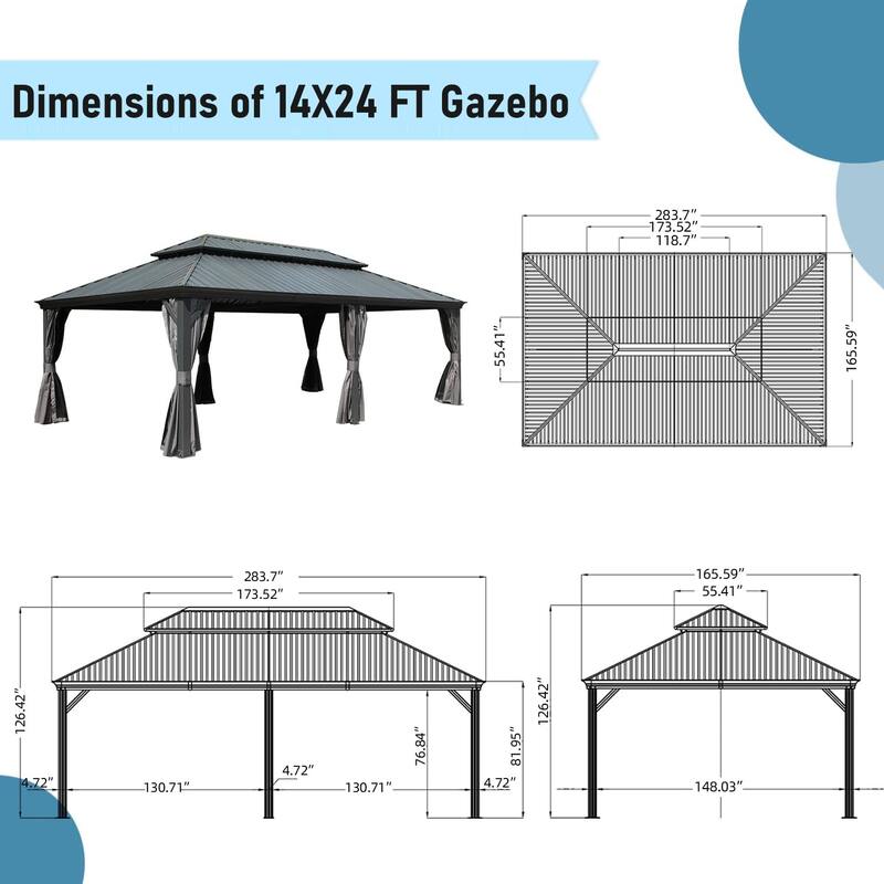 GDFStudio - Terry Outdoor Aluminum Hardtop Gazebo with Galvanized Steel Double Roof, Curtains & Netting