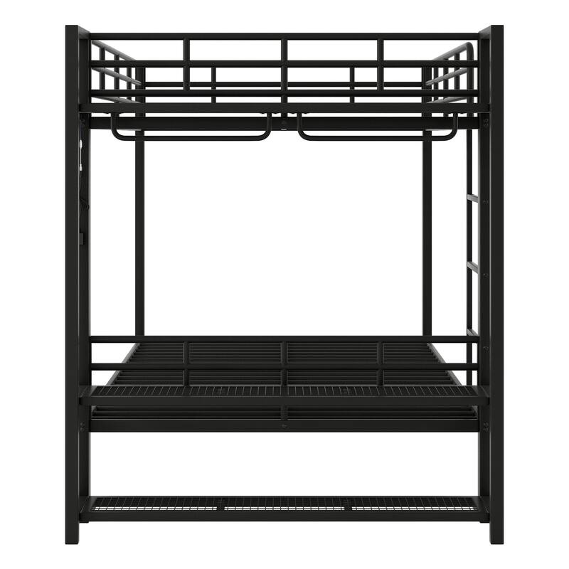 Full Over Full Size Bunk Bed with Storage Mesh Shelves and Clothes Hooks, LED Light - Metal Bed Frame with Metal Slat Support
