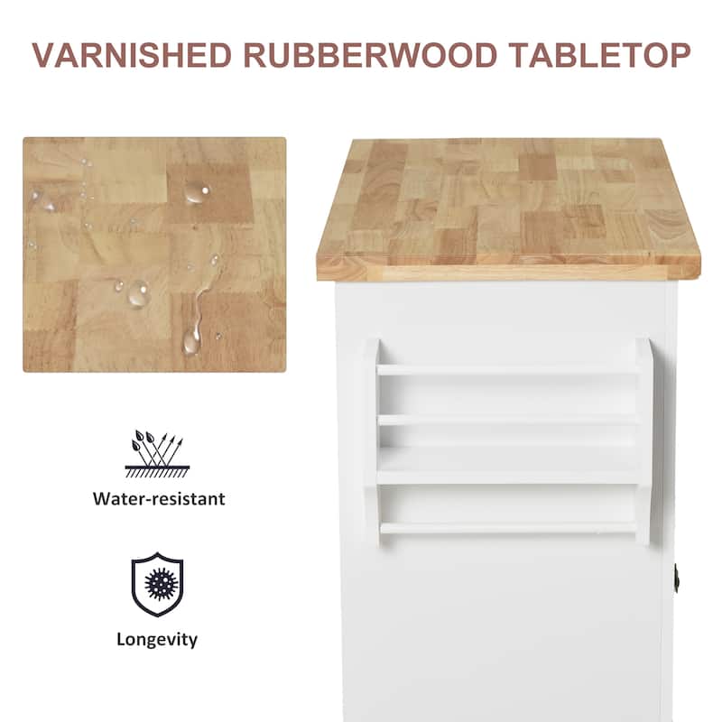 Kitchen Island on Wheels, Rolling Cart with Rubberwood Top, Spice Rack, Towel Rack and Drawers for Dining Room