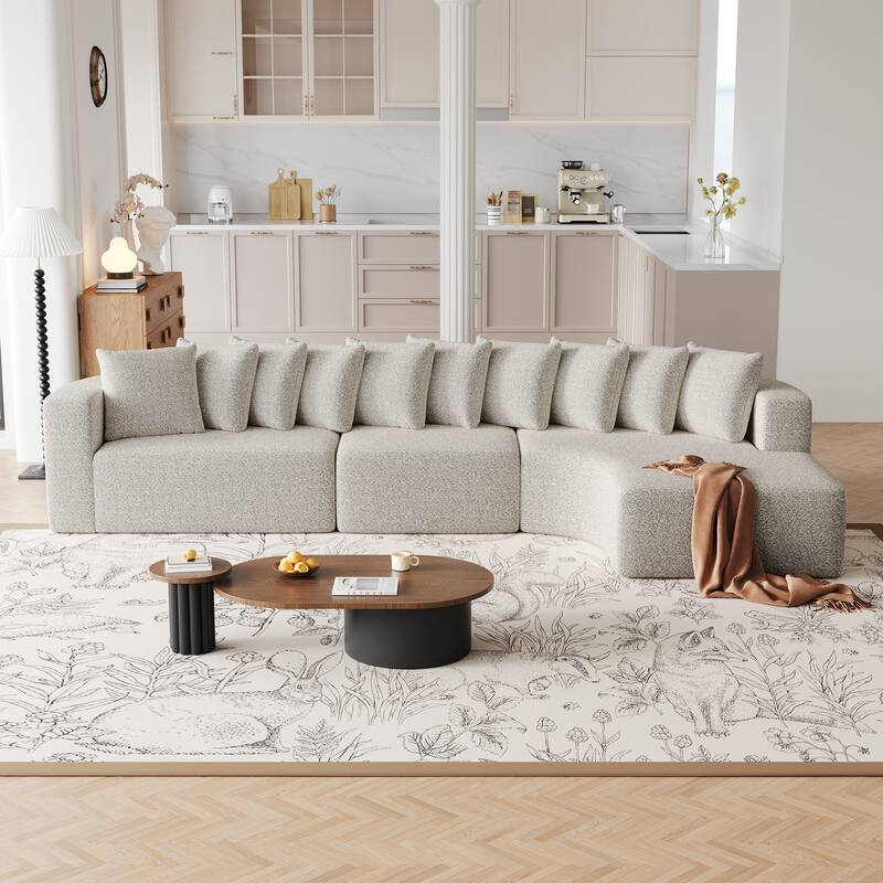 Living Room Chenille Corner Couch Curved Sectional Sofa with Chaise and 10 Pillows, Floor Standing Modular Compressed Sofa