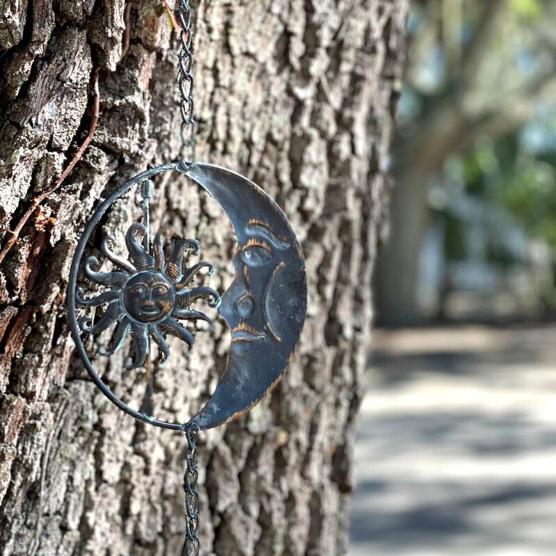 80-Inch Metal Rain Chain - 6 Celestial Crescent Moon & Suns, Verdigris - 6 X 80 X 6 inches