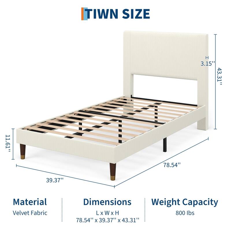 Twin Bed Frame Upholstered Platform Bed with Fabric Headboard, Non-Slip and Noise-Free