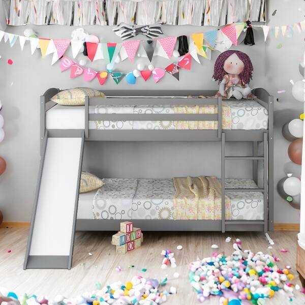 slide 2 of 15, Space-saving Design Low Bunk Bed with Slide,Twin over Twin Bunk Bed with Convertible Slide and Ladder Gray