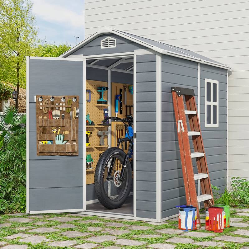 5x3 / 6x4 / 8x6 FT Outdoor Storage Shed with Floor, Resin Garden Tool Shed with Lockable Doors, Waterproof Plastic Storage Sheds