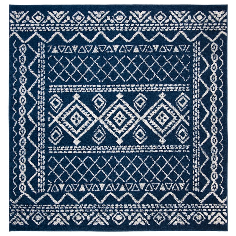 SAFAVIEH Tulum Hinnertje Rustic Moroccan Boho Tribal Distressed Rug - 5' Square - Navy/Ivory