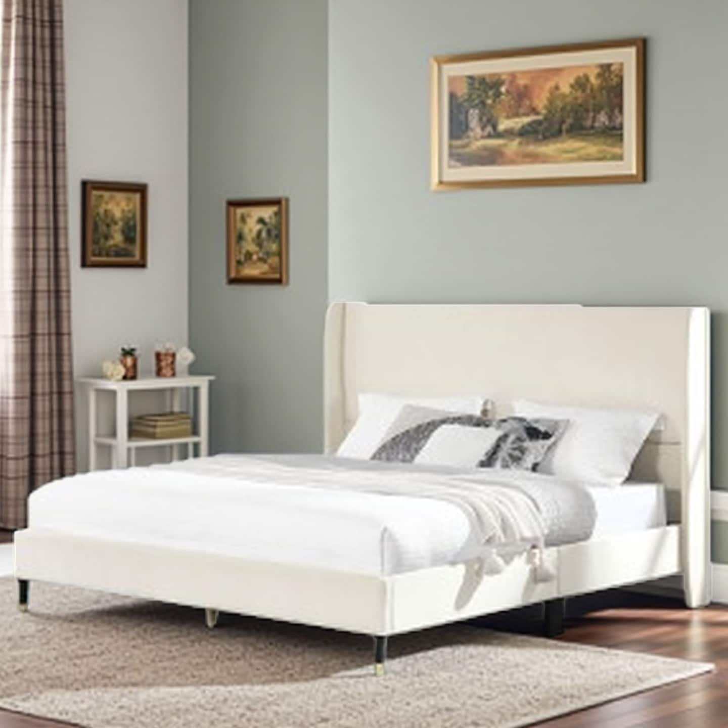 Queen Upholstered Platform Bed in Velvet with Wingback Headboard and Gold-Tipped Legs, Modern Low-Profile Design