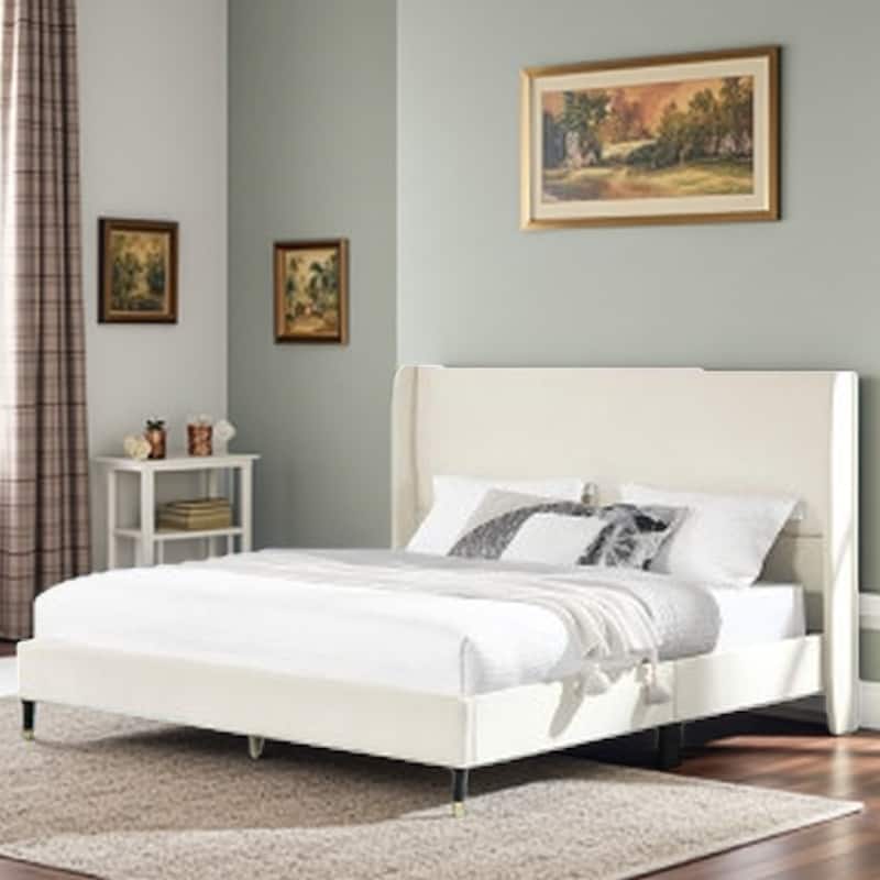 Queen Upholstered Platform Bed in Velvet with Wingback Headboard and Gold-Tipped Legs, Modern Low-Profile Design - QueenBeige - Queen