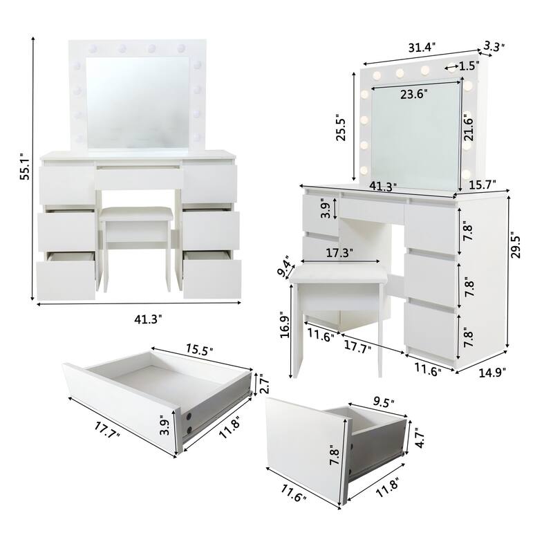 Large White Vanity Table with Mirror and 12 LED Lights, Makeup Desk with Deep Storage Drawers for Bedroom & Dressing Room