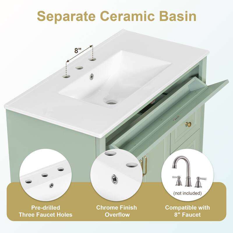 36" Green Bathroom Vanity with Sink, Solid Wood Cabinet, Flip Drawer, 3 Drawers & 2 Doors, Gold Handles, Modern Storage
