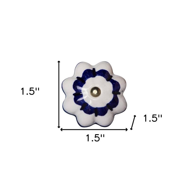 Set of 8 Hand-Painted Blue & White Ceramic Cabinet Knobs Traditional Floral Design with Metal Base - 1.5" x 1.5" x 1.5"