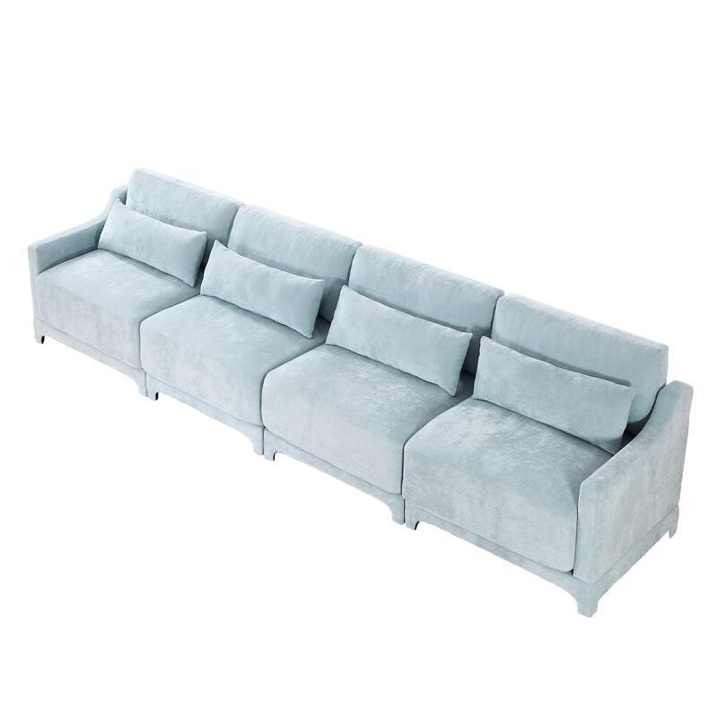 Modern Chenille 4-Seater Sofa with 2 Ottoman, Lumbar Cushions, Ergonomic Backrest, High-Resilience Spongeand Tufted Armrests
